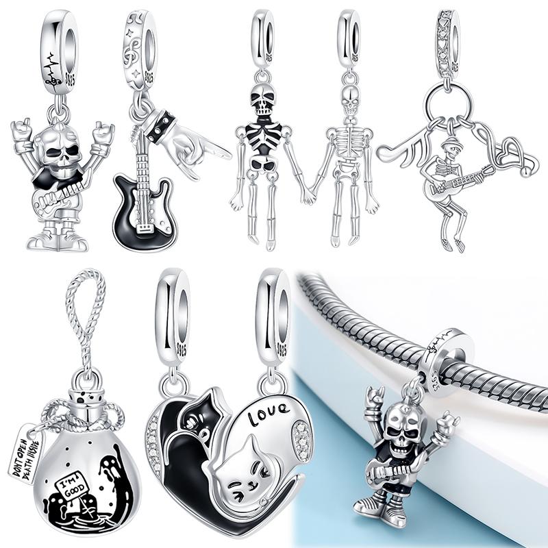 925 Silver Punk Gothic Skeleton & Guitar Charms Rock & Roll Skull Black Cat Beads fit Bracelets DIY Jewelry Gift