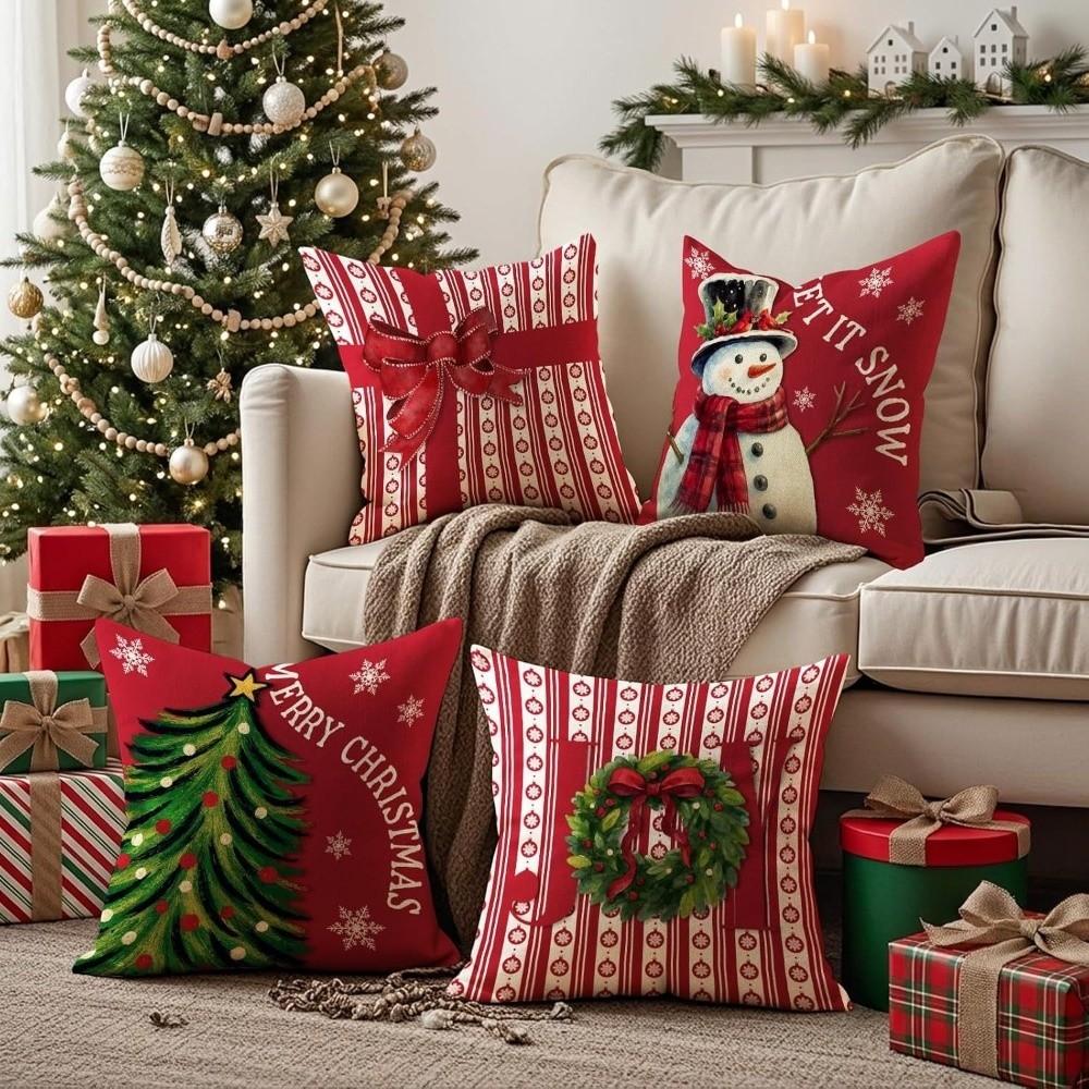 Square Bowknot Snowman Pillow Cover Breathable Throw Pillow Case Cushion Cover Christmas Decor