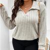 Autumn Winter Large Size Women's Solid Color Tops V-shaped Lapel Collar Pit Striped Brushed Long Sleeve T-shirt