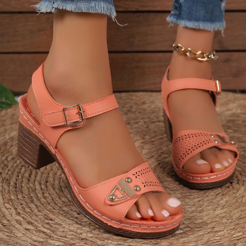 Fashion Round Head Metal Buckle Open Toe Heels Summer New Fashion Medium Heel Soft Sole Stitching Heels
