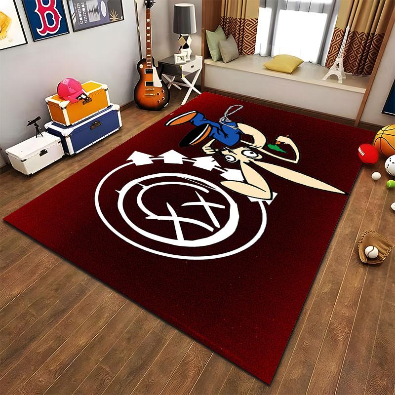 Blink-182 Cartoon Bunny Chained Beside Smiley X Logo Accent Carpet, Retro Mascot Pop Punk Style Design, Cozy Fan Rug Decor and All Seasons Gift
