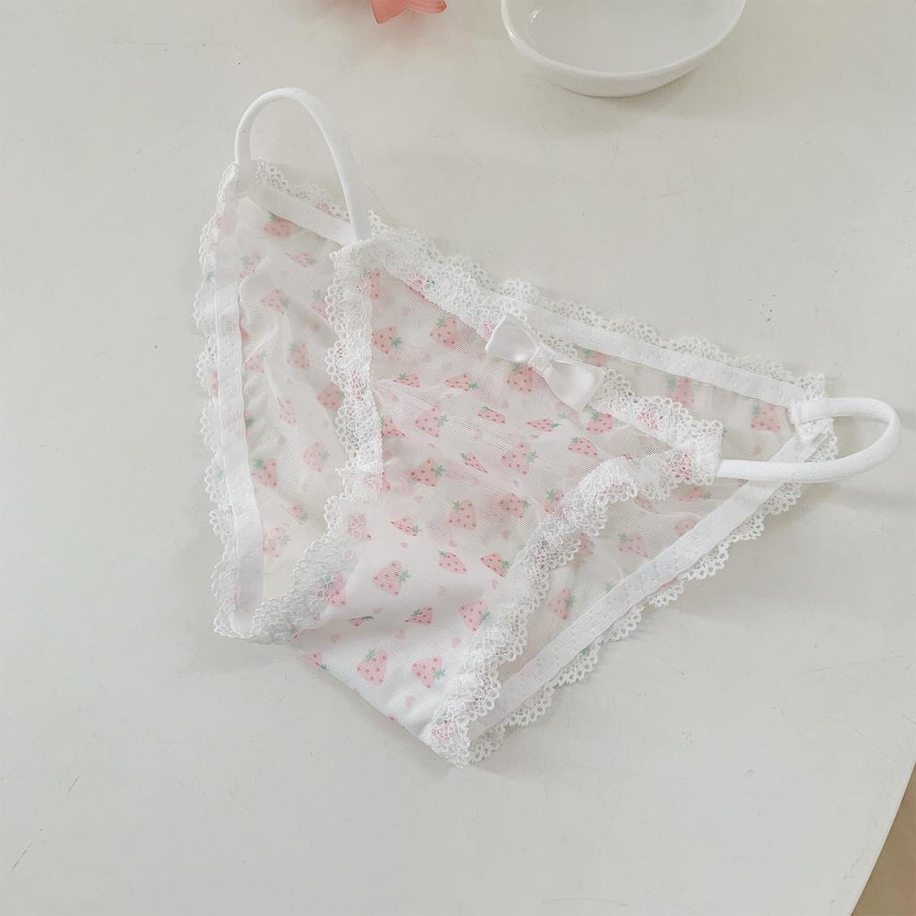 Трусики-слипы с заниженной талией и высоким разрезом из японского кружева Sweet Girl с принтом клубники