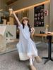 Women's Blue Striped Short-Sleeve Loose A-Line Shirt Dress, Summer 2024 Korean Style