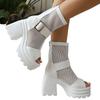 Fashion Chunky Heel Sandals Summer New Round Head Open Toe Splicing Mesh Metal Buckle Back Zipper Waterproof Platform High Heels