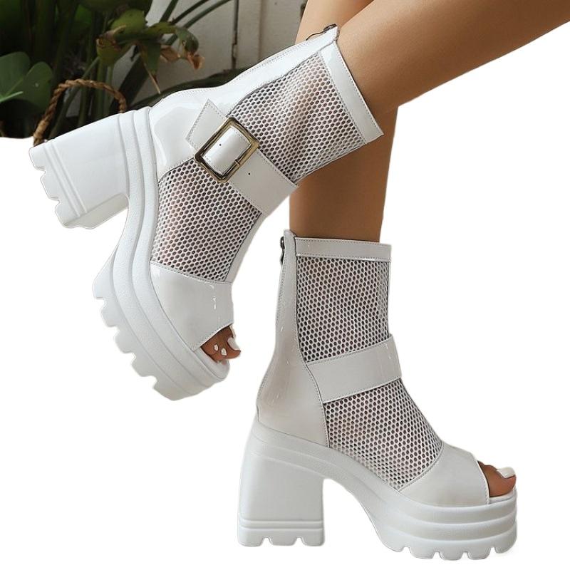 Fashion Chunky Heel Sandals Summer New Round Head Open Toe Splicing Mesh Metal Buckle Back Zipper Waterproof Platform High Heels
