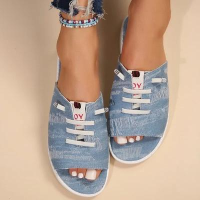 2025 Новые парусиновые тапочки для женщин Летние дышащие сандалии с открытым носком Женские джинсовые удобные туфли на плоской подошве Zapatos Mujer Размер 43