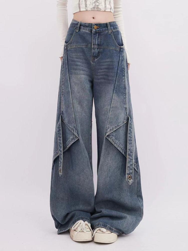American Retro Button Tooling Jeans Women Spring High Waist Loose Drape Wide-leg Pants