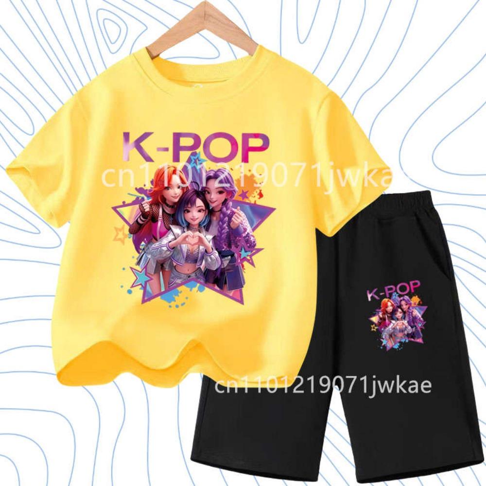 2026 Summer New K- POP Korean Idol Style Boys Girls Outfits Two-Piece Set with Printed Short-Sleeve T-Shirt Shorts