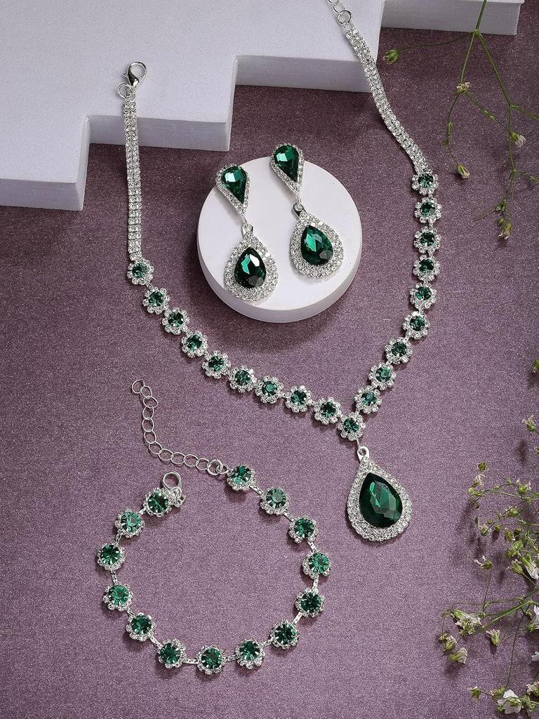Stylish AD Stone Diamonds Studded Rhodium Plated Silver Green Drop Choker Necklace with Drop Earring Combo Jewellery Set