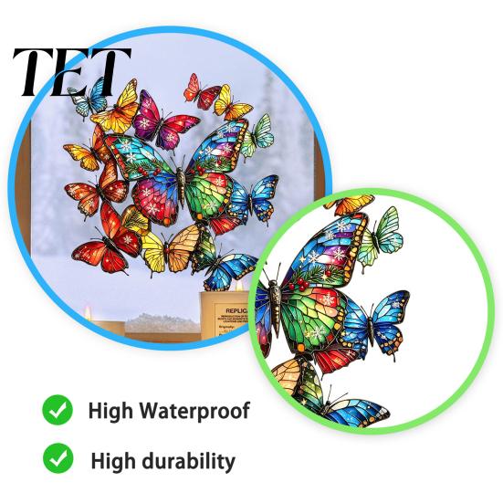 Removable Butterfly Art Stickers Christmas Window Sticker, Stained Glass Style, Colorful Decal, Floral Home Decor Static PVC Waterproof Sticker