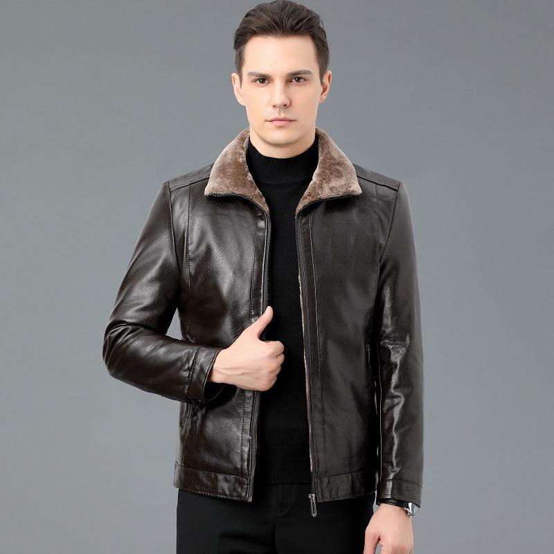 Куртка из натуральной кожи мужская зимняя деловая повседневная для пап среднего возраста с утолщенными бархатными лацканами