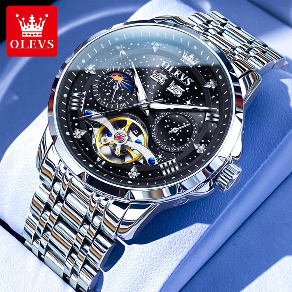 OLEVS 6690 Men's Watches Fashion Business Date Moon Phase Mechanical Men Watches Luxury Hollow Original Waterproof Watch for Men