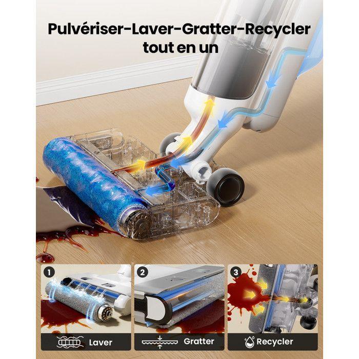 Proscenic F10 Ultra, aspirateur 3-en-1 pour déchets secs et humides, guidage vocal multilingue, séchage rapide et sans traces.