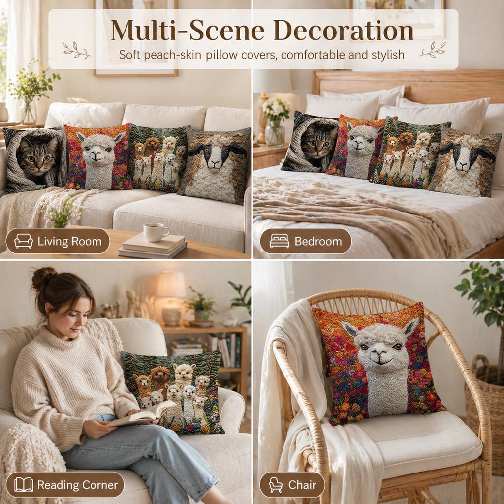 Modern Animal Alpaca Cat 2D Flat Print Peach Skin Pillow Case Faux Embroidery Cushion Cover For Sofa Living Room Bed Home Decor