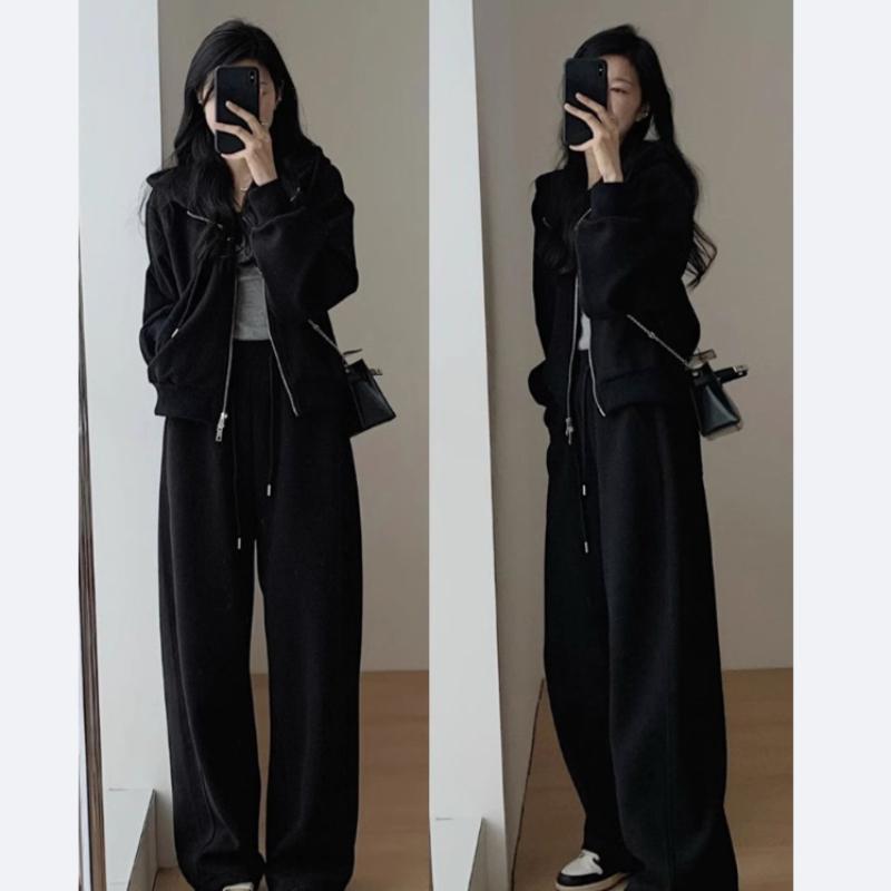 Women's Hoodie and Sweatpants Two Piece Set  Autumn Winter Solid Loose  Korean Fashion Y2k Zip Up Hoodie Sweatshirts