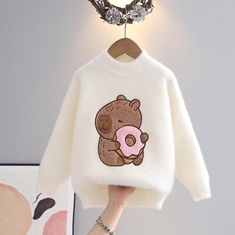Girls' Sweaters, Bottoming Knitwear, Western Style, Thickened Imitation Mink Fleece, Girls' Autumn and Winter Children's Pullover