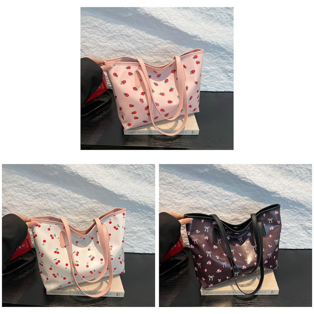 Sweet Cherry Printed Tote Bag For Women Large Capacity Street Style Pu Handbag