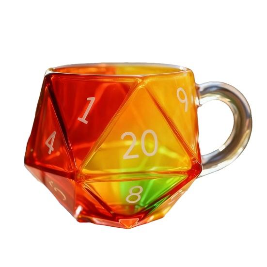 Rainbow D20 Dice Mug with Handle Colorful Polyhedral Glass Coffee Cup for Gamers Unique Gift for Tabletop RPG Fantasy Enthusiasts