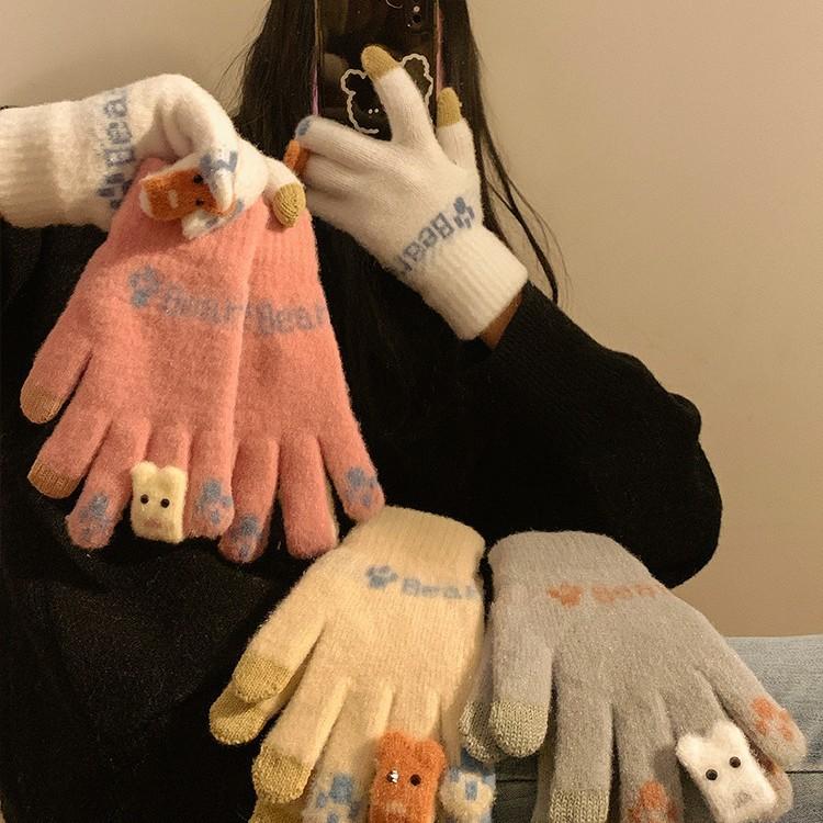 Милые перчатки с сенсорным экраном на пять пальцев для женщин на зиму Теплые и бархатные утолщенные Студенческие велосипедные Зимний новый стиль Холодо- и ветрозащитные