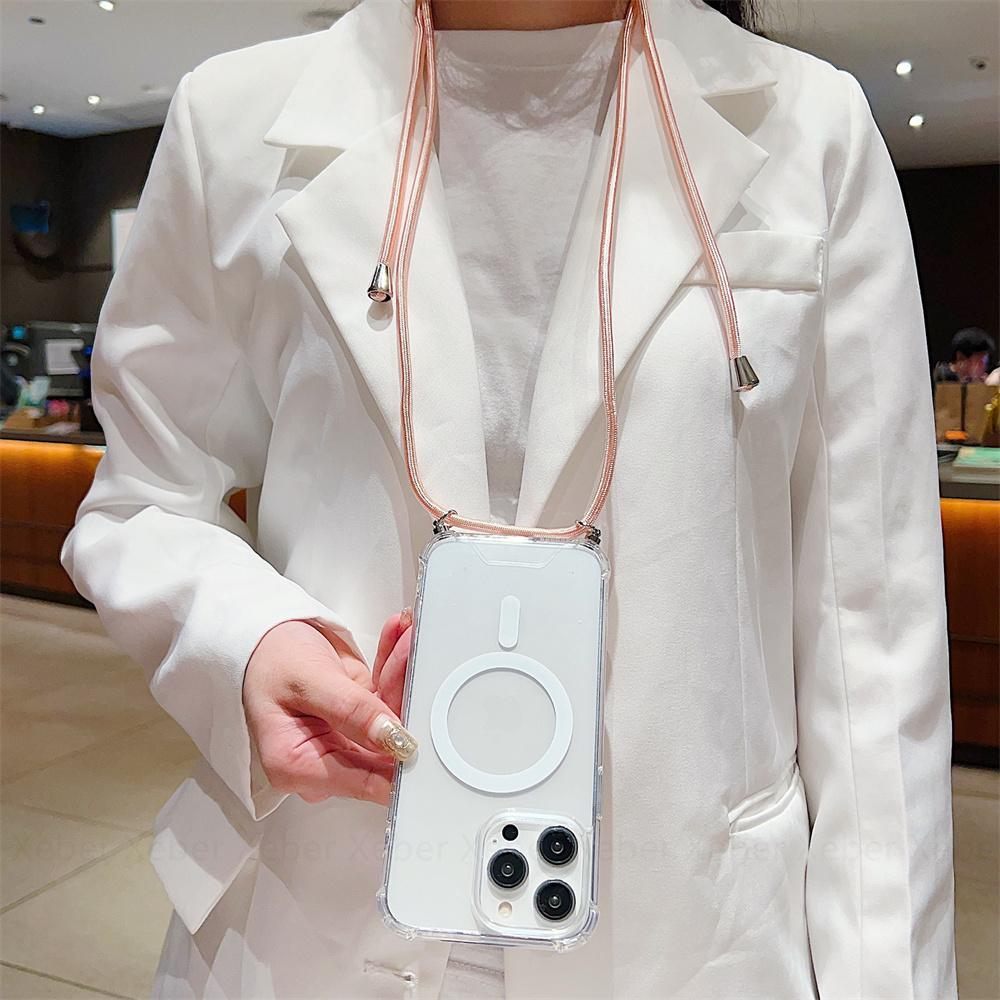 Ремешок через плечо для Magsafe, магнитный чехол с беспроводной зарядкой для iPhone 11 12 13 14 15 Pro Max X XR XS 7 8 Plus SE, прозрачный чехол