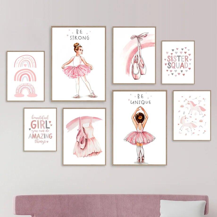 Pink Ballet Girl Rainbow Unicorn Shoes Nursery Wall Art Canvas Painting Posters And Prints Pictures For Baby Kids Room Decor