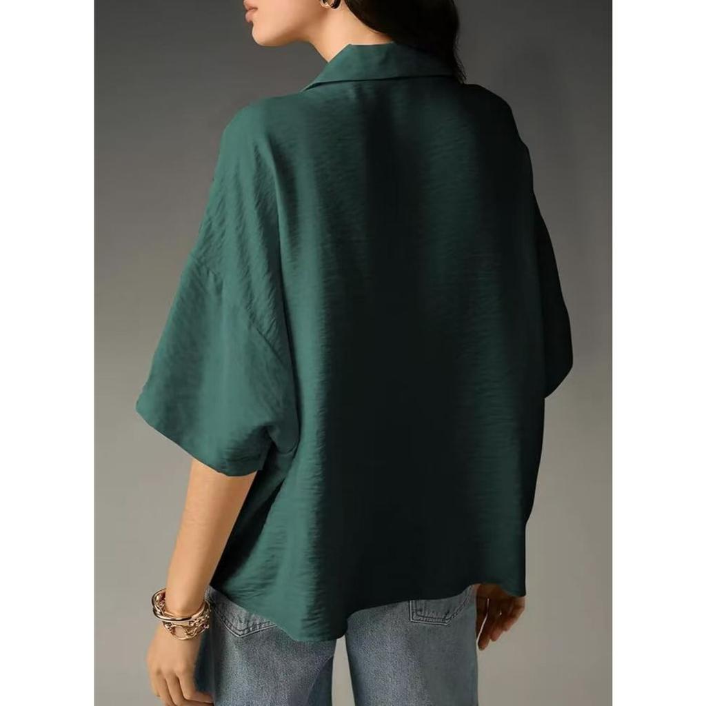 Women's, Summer New Style, Short Sleeved, Lapel, Casual, Loose Fit, Top, Solid Color Shirt