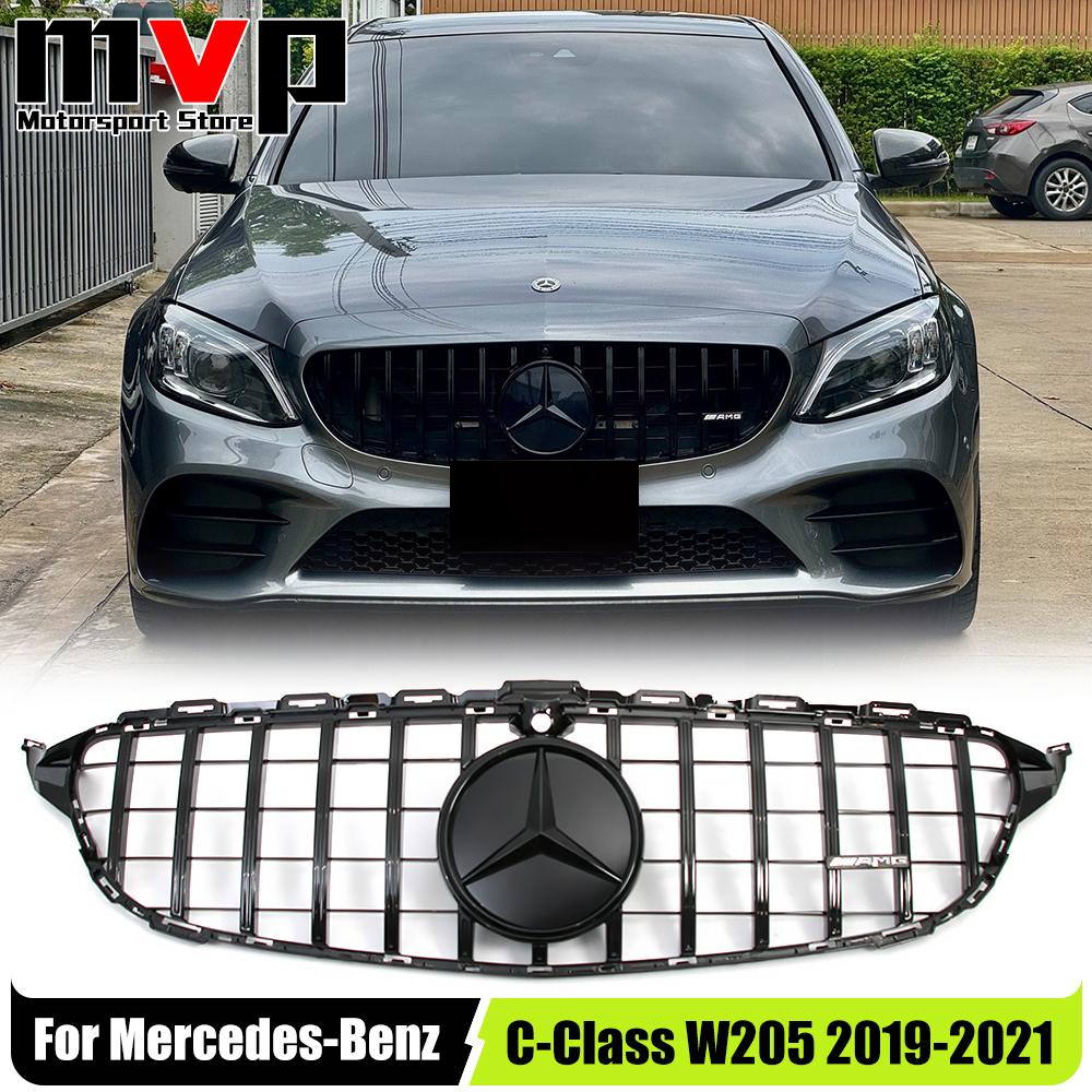 Glossy Black GTR Style Bumper Grille With 3D ABS Star Emblem Logo For Mercedes Benz C-Class W205 2019-21 C180 C200 C300 C43 AMG