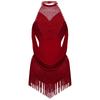 Girls Latin Dance Leotard Ruched Mesh Drapes Cutout Tassel Design Glittery Rhinestones Costume