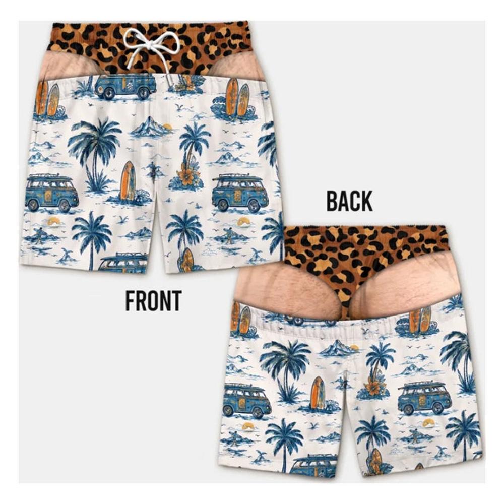 Tropical Plant Print Funny Beach Party Swim Trunks Men Leopard Print Design Viral Fun Fake Skin Summer Novel Fashion Beach Short