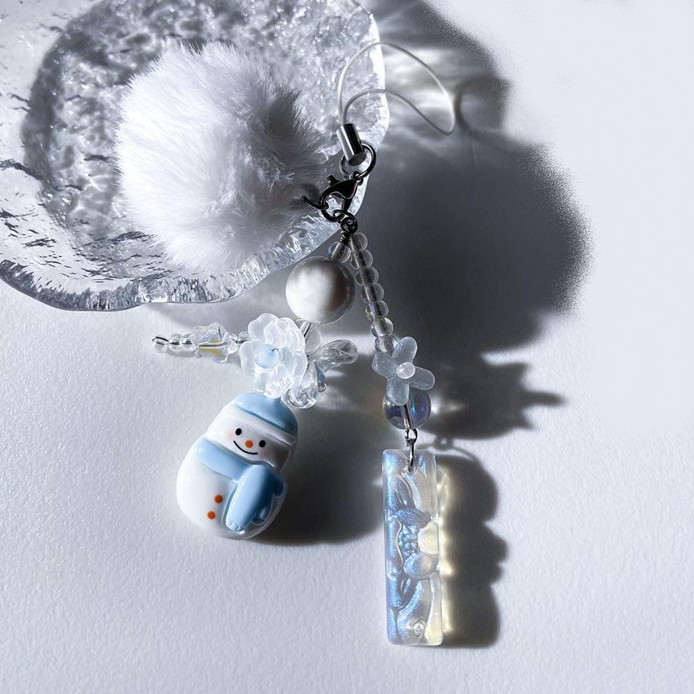 Cute Snowman Phone Charms Chain White Pom Pom Blue Flower Bead Winter Pendant Fairy Core Keychain for Schoolbag Camera Xmas Gift