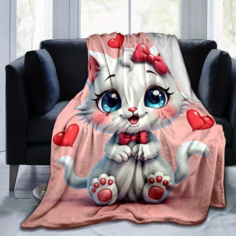 1pc Cute Cartoon Cat with Bowknot Heart-Shaped Decorative Throw Blanket for Home Decoration, Birthday Gift, All Seasons Use, Cartoon Blanket