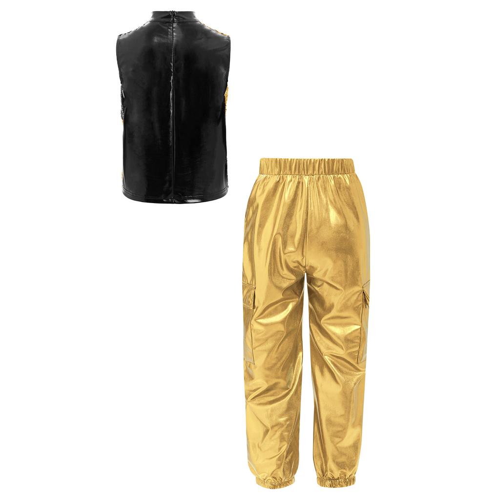 Boys Metallic Jazz Dance Costume Mock Neck Sleeveless Back Zipper Shiny Sequins Color Block Top Cargo Pants