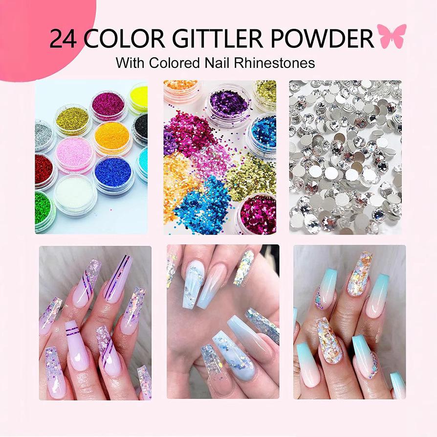 Nail Art Kit Complete Set Acrylic Powder Liquid 12 Colors Beginner Extension Gel UV Light Tools