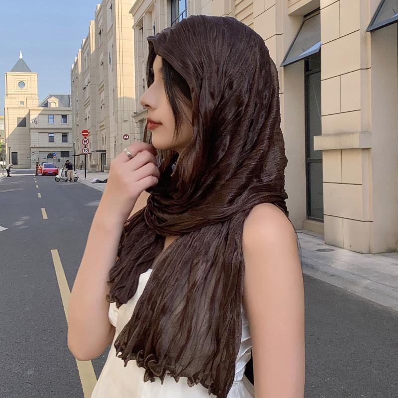 Womens Lightweight Silk-Like Scarf With Shimmer Thread Breathable Neck Wrap In Solid Colors