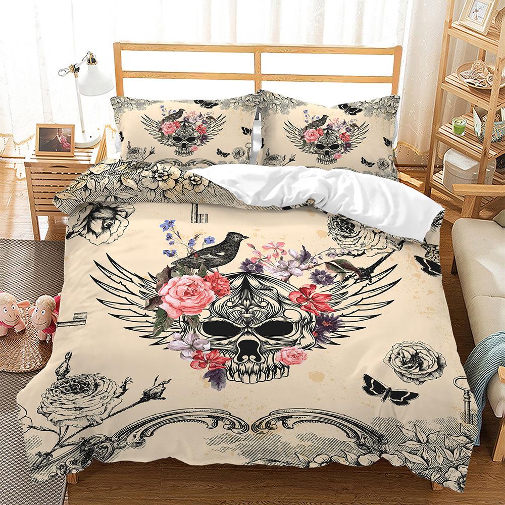3D Skull Head Pattern Fashion Home Bedding Single Double Bed Full Size Pillowcase and Quilt Cover 2/3 Pieces of Microfiber Home Decoration