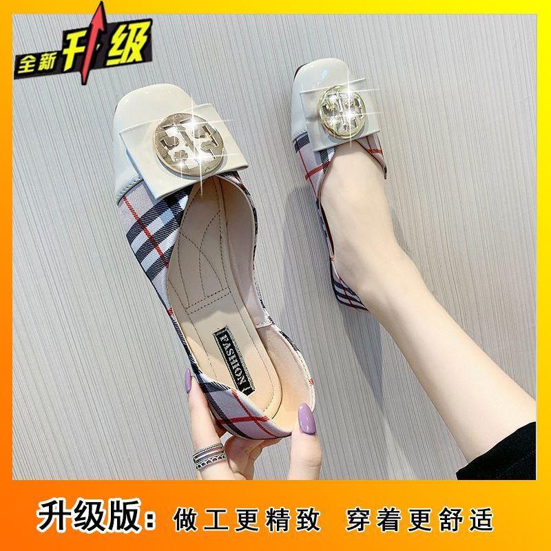 Spring and Summer Square Head Flat Plaid Cloth Low Heel Retro Hong Kong Style Grandma Shoes Metal Buckle Single Shoes Women's Flat Shoes