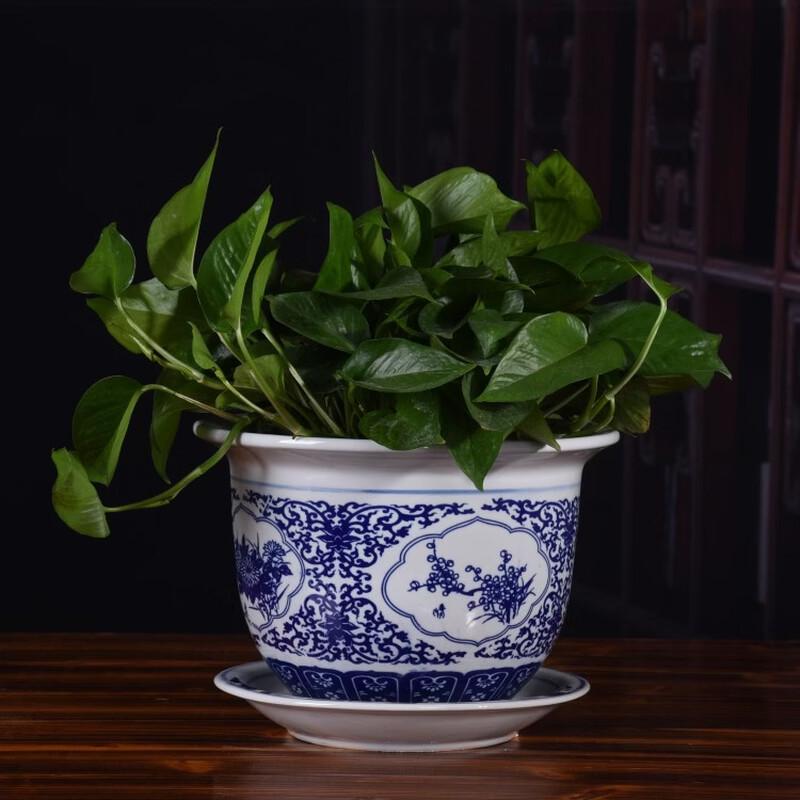 Zhu Chuang Jing Pin Blue & White Ceramic Flower Pot with Tray