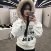 Fur Collar Hooded Zipper Coats for Women Harajuku Letter Printed Hoodies Streetwear Thick Coat Autumn Winter Jacket Y2K