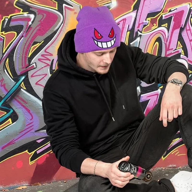 Шапки-бини в стиле аниме, забавные шапки-бини с глазами и ртом, зимняя теплая шапка для катания на лыжах, мягкие головные уборы, эластичные шапки с героями мультфильмов для мужчин и женщин