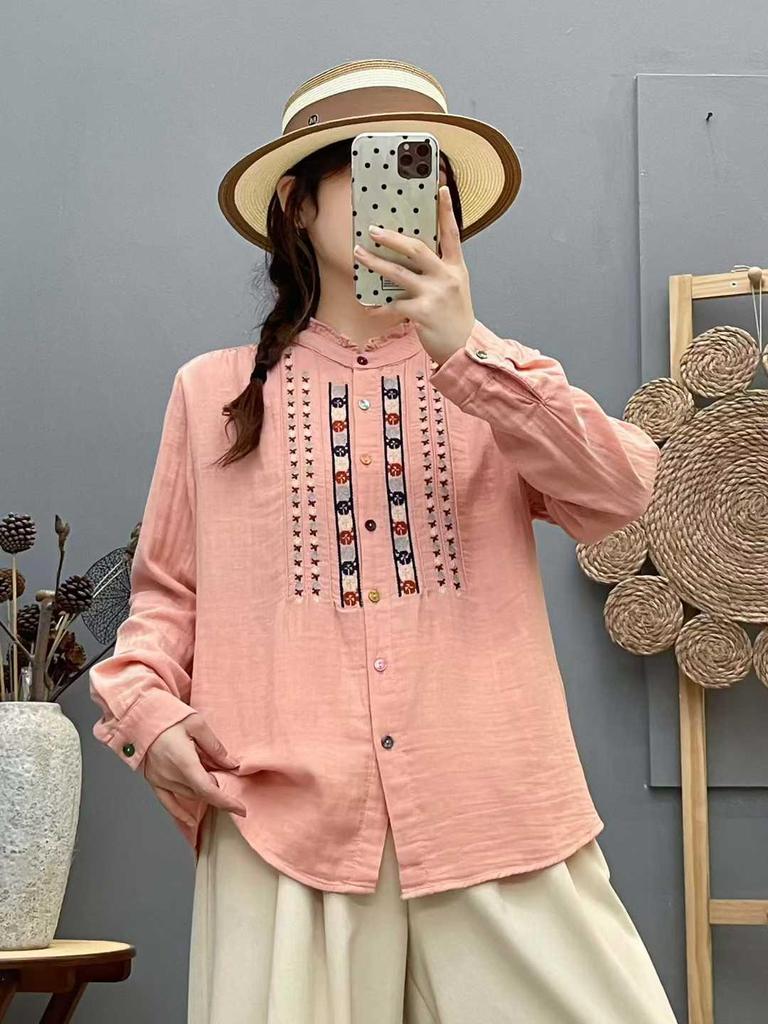 Женская хлопковая рубашка с длинным рукавом и вышивкой, этнический стиль, свободный крой, ретро, стройнящий топ