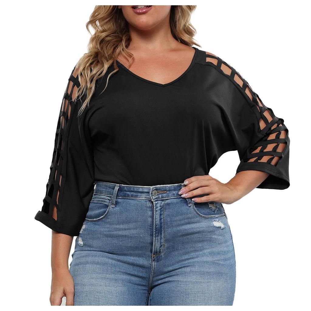 Женский летний повседневный модный сексуальный удобный свободный топ большого размера с полым v-образным вырезом, однотонный топ с рукавами три четверти