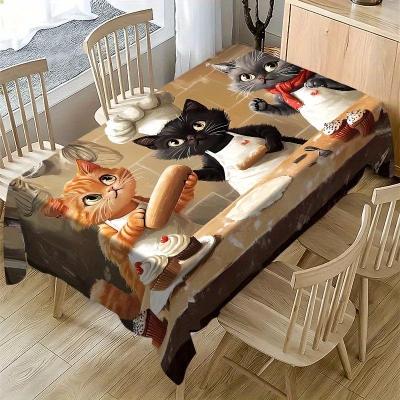 1pc of an Adorable Tablecloth Featuring a Black, Grey, And Orange Kitten in a Cake-Making Scene. It Has a Vibrant Design And a Contemporary Style, Mak