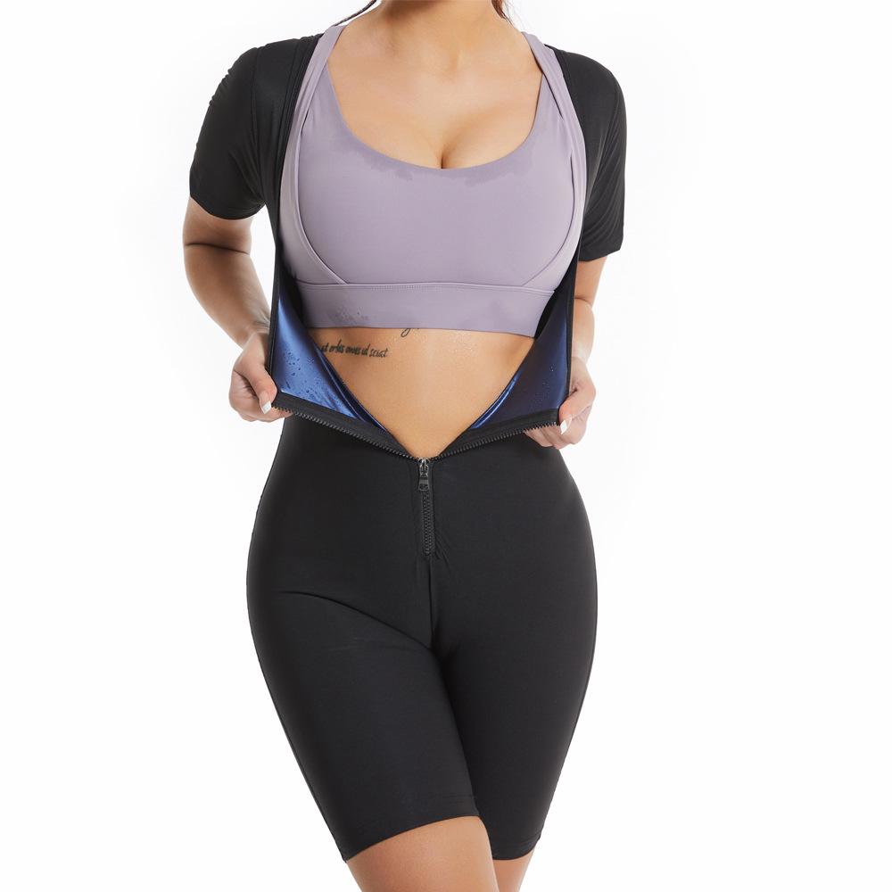 Женский фитнес-боди с молнией и короткими рукавами, вызывающий потоотделение
