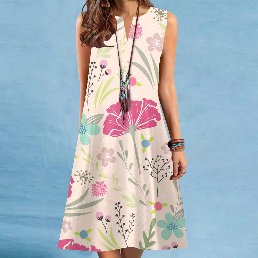 Модные женские платья-туники с v-образным вырезом и цветочным принтом без рукавов, платье-футболка больших размеров