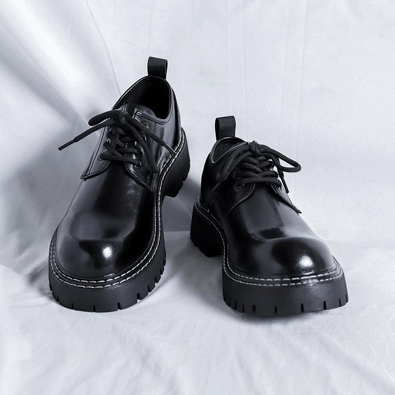 Fashion Derby Shoes Men PU Thick Soled Round Toe Workwear Large Toe Leather Shoes Sturdy Sewn Comfortable Non Slip Men Shoes