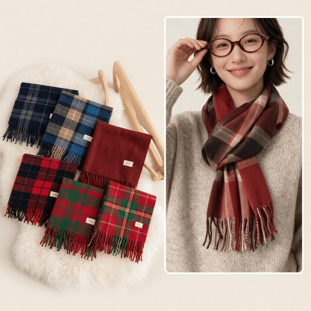 Lightweight Plaid Scarf Cozy Neck Warmer Shawl Korean Style Faux Cashmere Scarf Fall Winter Season