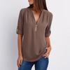 Women's Fashion Commuting Zipper V-Neck Rollable Sleeve Casual Solid Tops Blouse Loose T-Shirt
