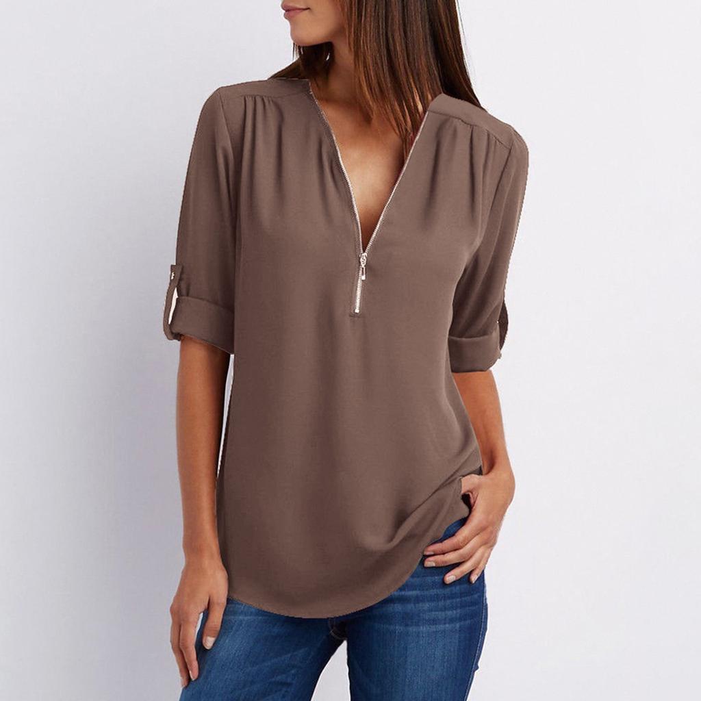 Women's Fashion Commuting Zipper V-Neck Rollable Sleeve Casual Solid Tops Blouse Loose T-Shirt