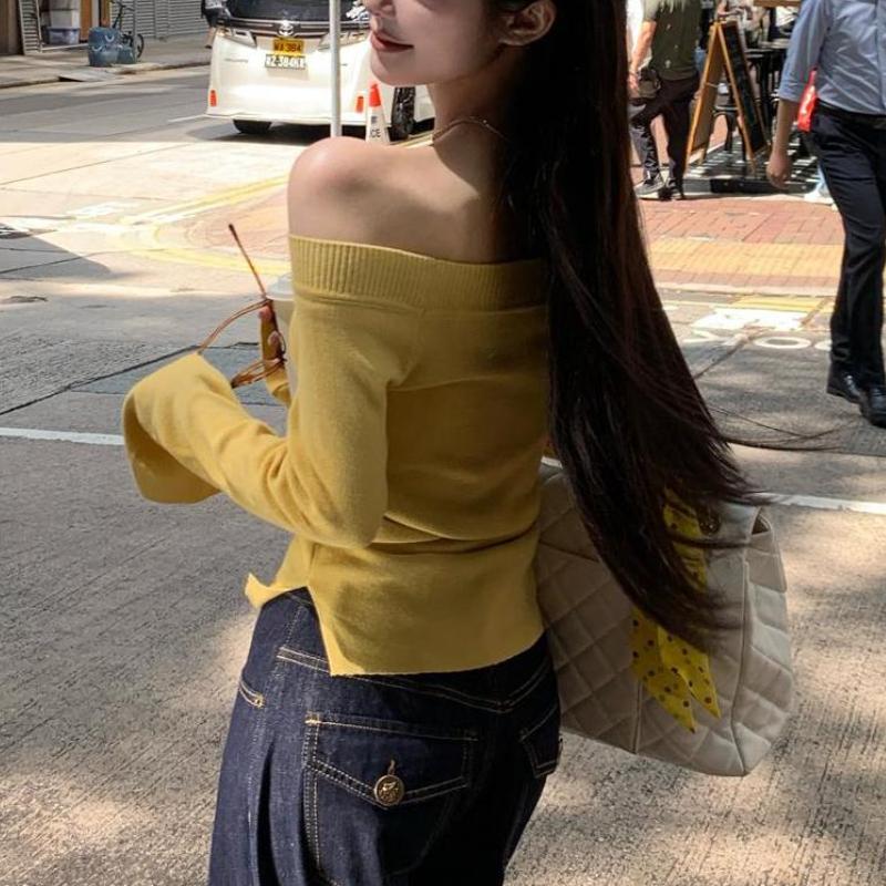 Осенний длинный рукав сексуальный косой воротник основа вязаный свитер для женщин зимняя мода облегающий крой свитера с открытыми плечами женские однотонные шикарные короткие джемперы 25502