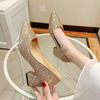 New 2025 Spring Women Pumps Pointed Toe High-heeled Shoes Sequin Women's Single Thick Heel Party Wedding Dress Shoes Large Size